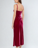 Curve hugging Frankly My Dear midi slip dress from Gilda & Pearl is crafted from a decadent raspberry pink silk velvet