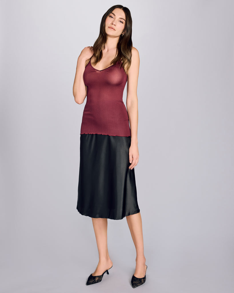 Classic maroon red camisole from Aromatique is crafted from superfine knit ribbed silk, semi-sheer, lightweight and cut to hug every curve