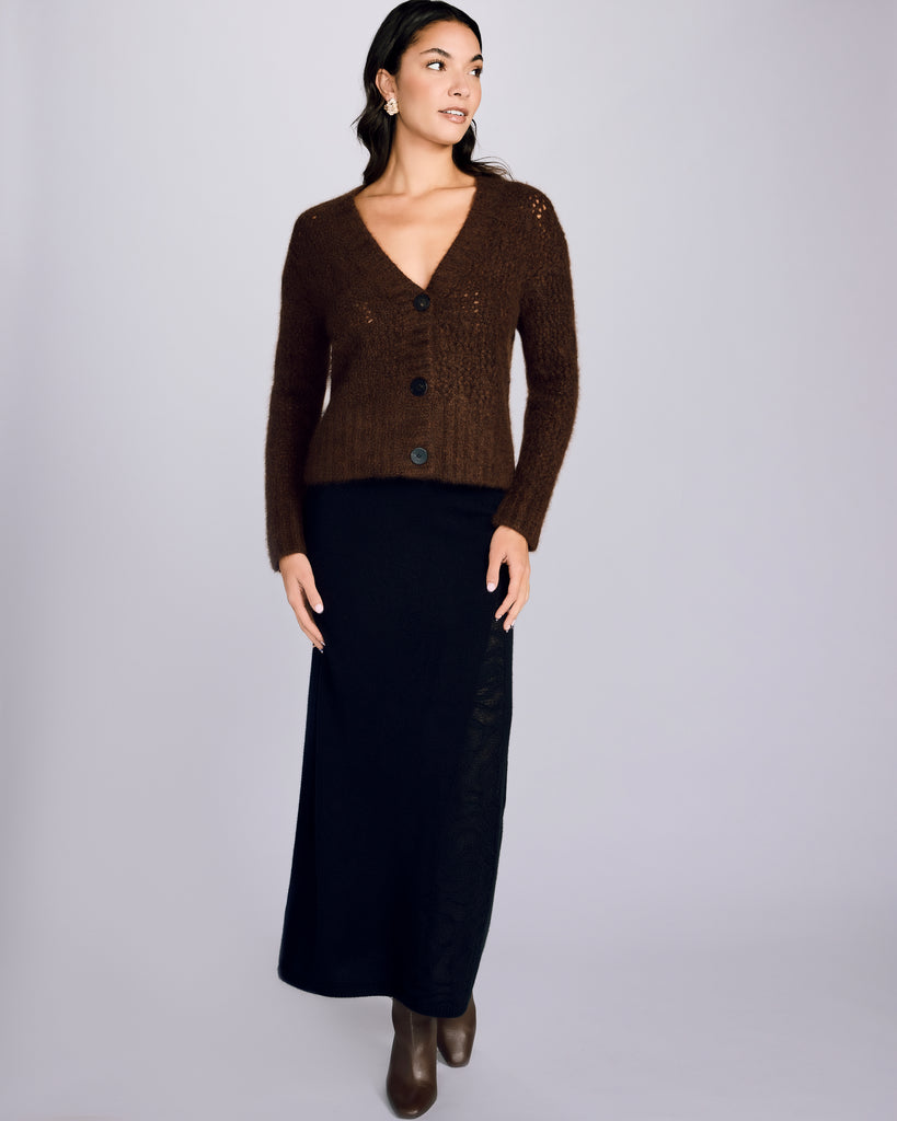 Classic cardigan sweater from Arya is crafted from an ultra-soft open-knit chocolate brown cashmere