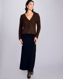 Classic cardigan sweater from Arya is crafted from an ultra-soft open-knit chocolate brown cashmere