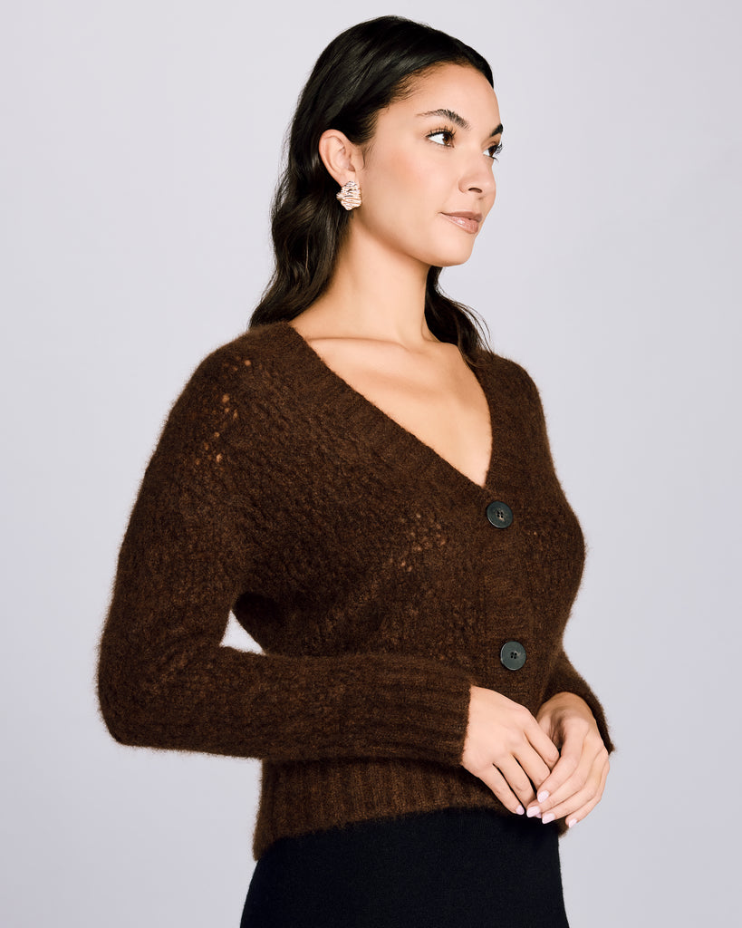 Arya's Coffee Brown Cashmere Cardigan has a V neckline, long sleeves, and substantial buttons down the front