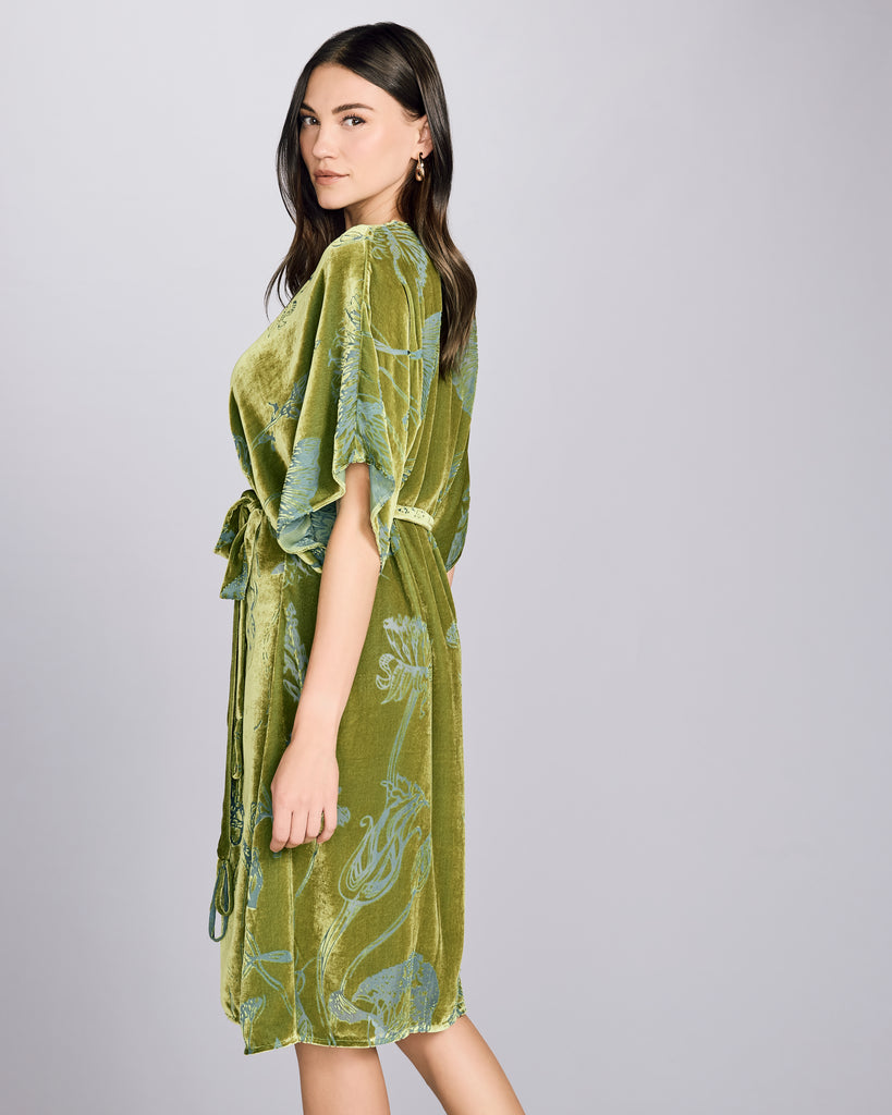 Elegant Faberge robe from Christine Vancouver is crafted from a chartreuse green silk velvet with an ice blue Art Nouveau-inspired floral burnout pattern