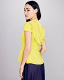 Tailored blouse from D2Line is crafted from a wrinkle-resistant chartreuse luxury polyester