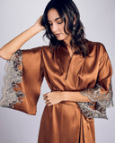 Chestnut bronze silk Elsa robe from Emma Harris has a wide gold Leavers lace appliqué at the kimono-inspired vented 3/4 sleeves