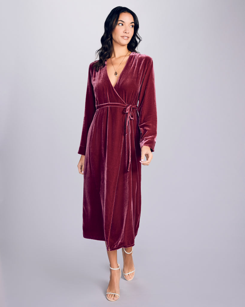 Gilda & Pearl's Frankly My Dear Robe is long sleeved with pleating at the shoulders, hits at mid-calf on most