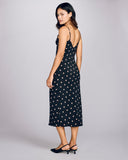 Gilda & Pearl's Voyage slip dress has a soft v neckline at the front and back, hits at mid-calf on most