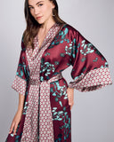 Karma's Kazari Aqua robe has a wide matching belt in contrast red and silver geometric print with slim belt loops, can be worn like an obi