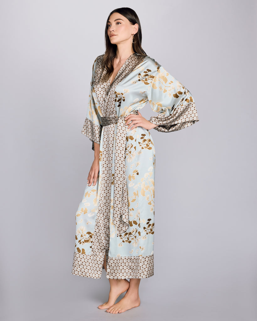 The Kazari Gold robe from Karma on the Rocks has a one-size cut that is loose and easy, with 3/4 sleeves and an ankle length