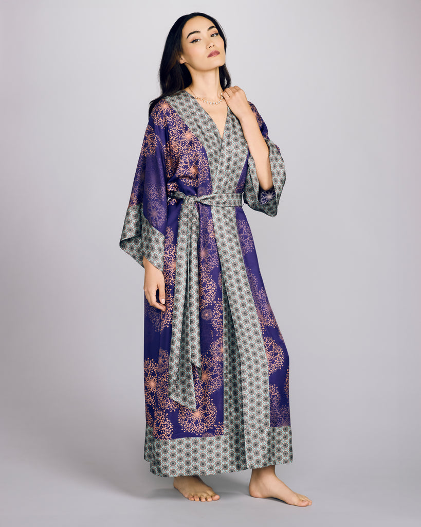 The Kobe Hanabi Violine robe from Karma on the Rocks has a wide matching belt in contrast geometric turquoise silk with slim belt loops, can be worn like an obi