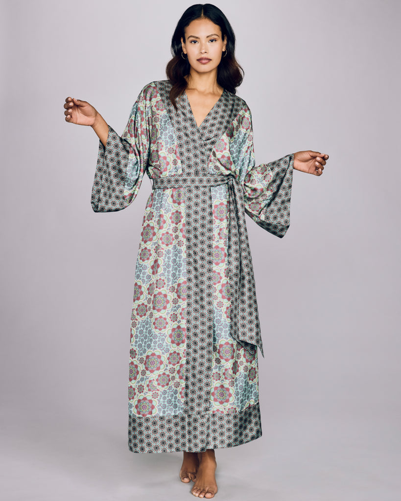 One-size cut on Karma's Kobe Mozaicu Aqua robe is loose and easy, with 3/4 sleeves and an ankle length