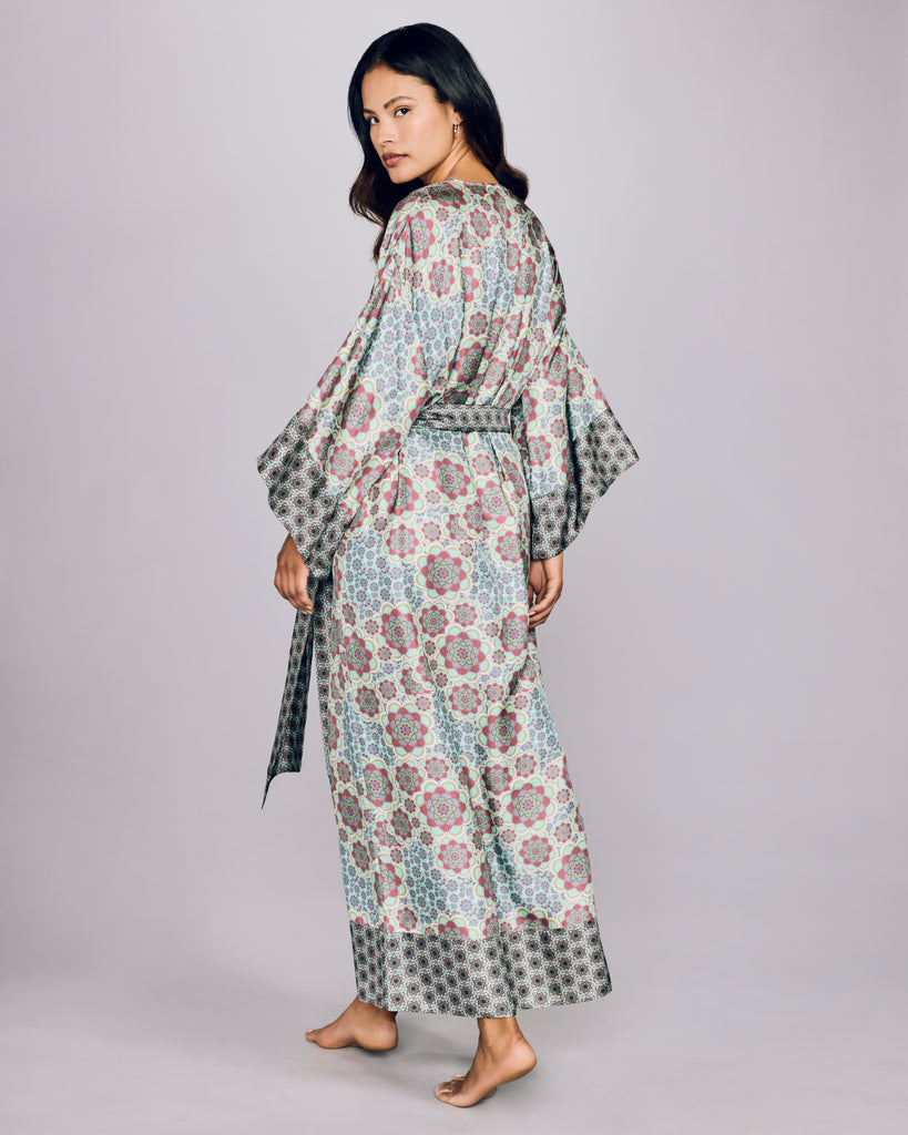 The Kobe Mozaicu Aqua robe from Karma on the Rocks has a matching belt in contrast geometric turquoise silk with slim belt loops, can be worn like an obi