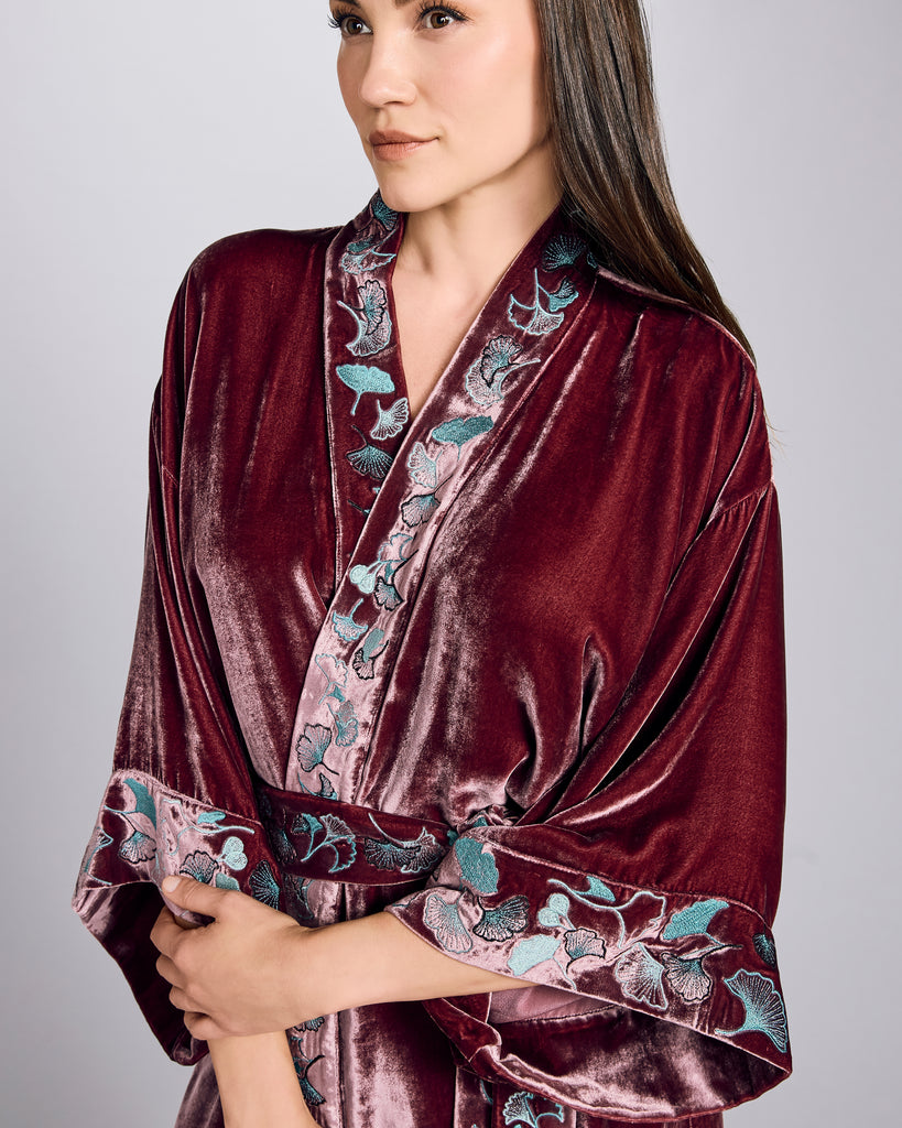 Nikko Silk Velvet Burgundy Short Robe