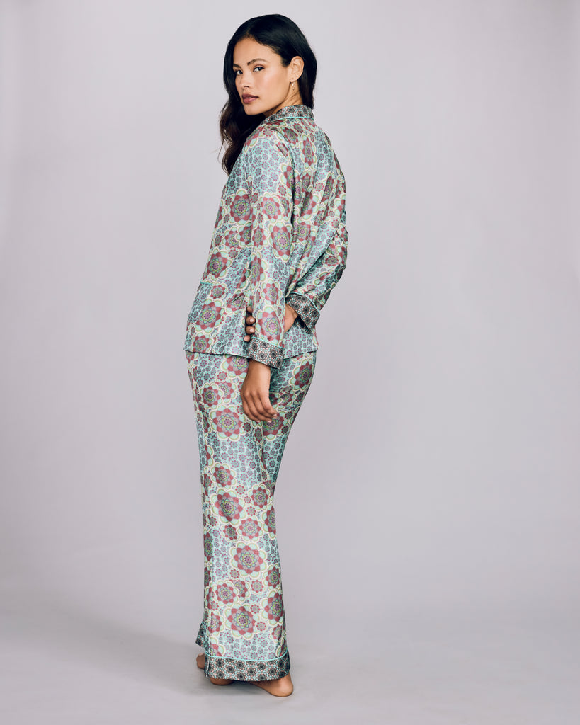 Karma's Tokyo Mozaicu pajama has a slim-cut trouser with an elasticized waist, pockets, and contrast trim at the cuffs