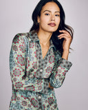 Tokyo Mozaicu Aqua silk pajama from Karma on the Rocks is crafted from an aqua blue silk twill with a geometric floral print in shades of pink, purple, green and blue with contrast geometric patterning