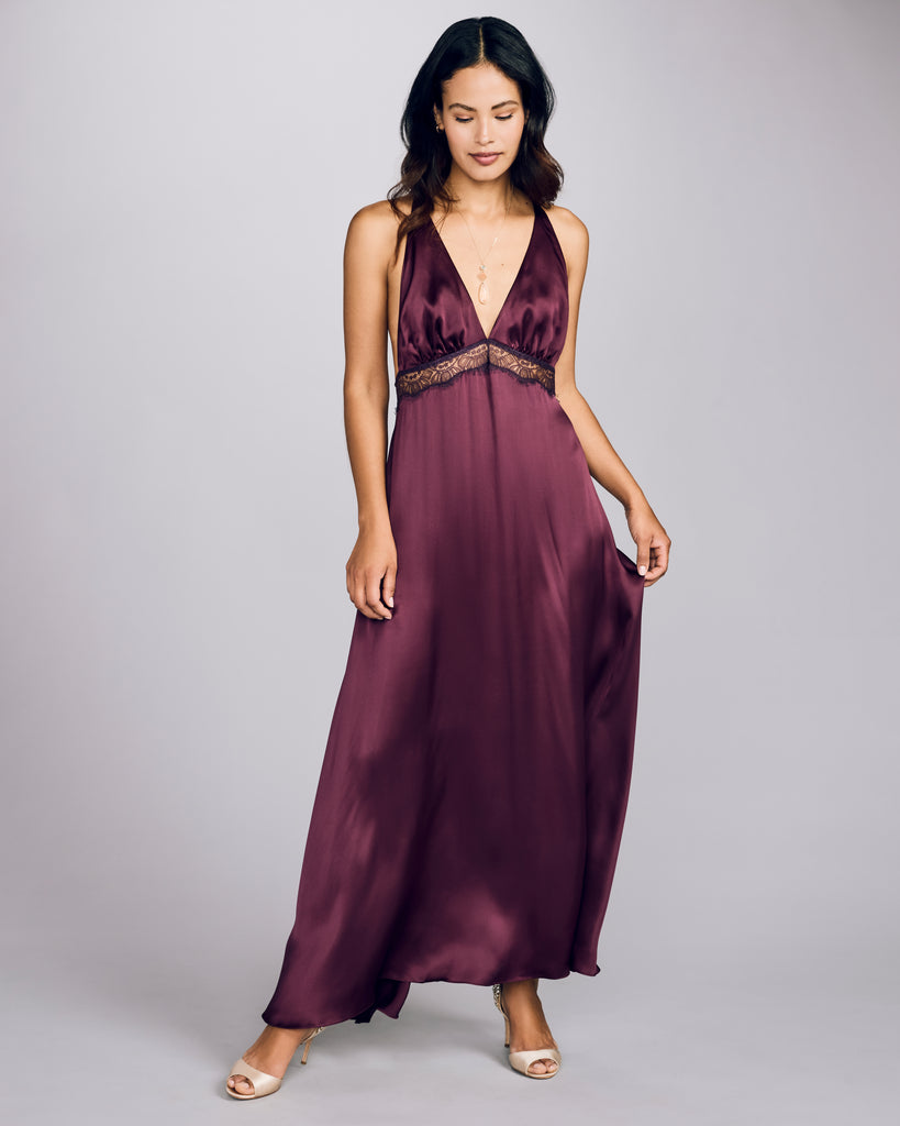 Glamorous Alexandria silk gown from Layalina is crafted from a rich aubergine purple silk with matching French lace