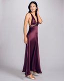 Layalina's Alexandria gown has a pleated triangle bust and a low back with criss-cross doubled thin silk spaghetti straps