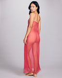 Layalina's classic Assiyah gown is crafted from sheer red silk muslin and fine red Chantilly lace with fuchsia detailing