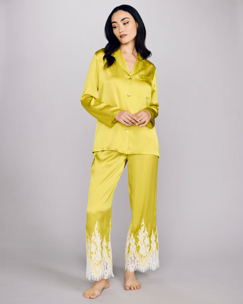 Decadent Layalina Nana Chartreuse silk pajama is crafted from a bright chartreuse Italian silk with ivory lace appliqué