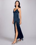 Vannina Vesperini's Ocean and Black Silk Gown is lace trimmed at the v neckline and thigh high front slit