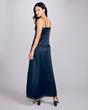 Silk gown from Vannina Vesperini has adjustable silk spaghetti straps for fit, hits at the ankle on most