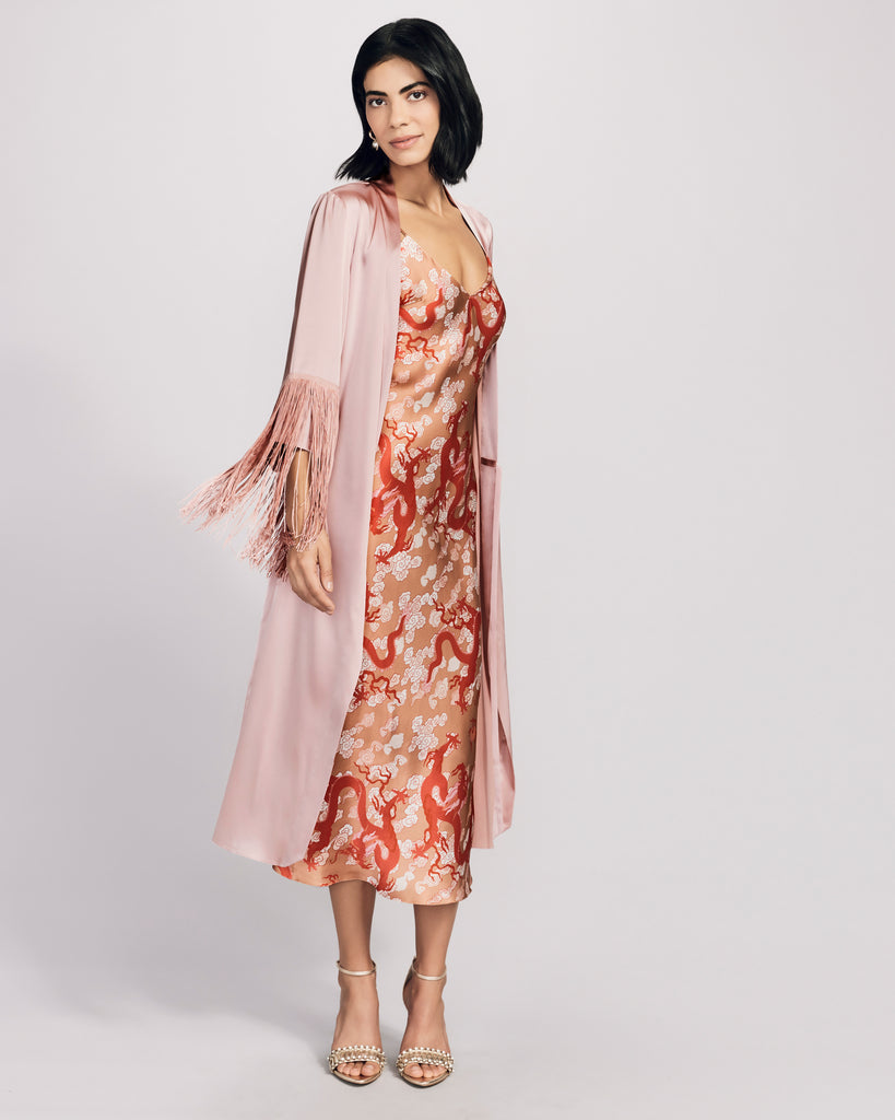 Gilda & Pearl's High Society robe features tassel detailing at the 3/4 sleeves the ends of the waist tie