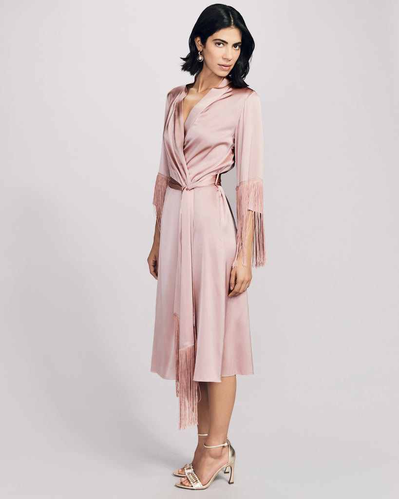 Luxurious  High Society robe from Gilda & Pearl is crafted from a dusky pink silk