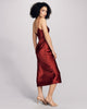 The Sophia Ruby silk slip dress from Gilda & Pearl has a soft v neckline at the front and back, hits at mid-calf on most