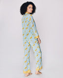The Tokyo Crane Silk Pajama from Karma on the Rocks has a slim-cut trouser with an elasticized waist and contrast trim at the cuffs