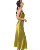 Classic Faberge silk gown from Christine Vancouver is made from 19 momme chartreuse green silk charmeuse