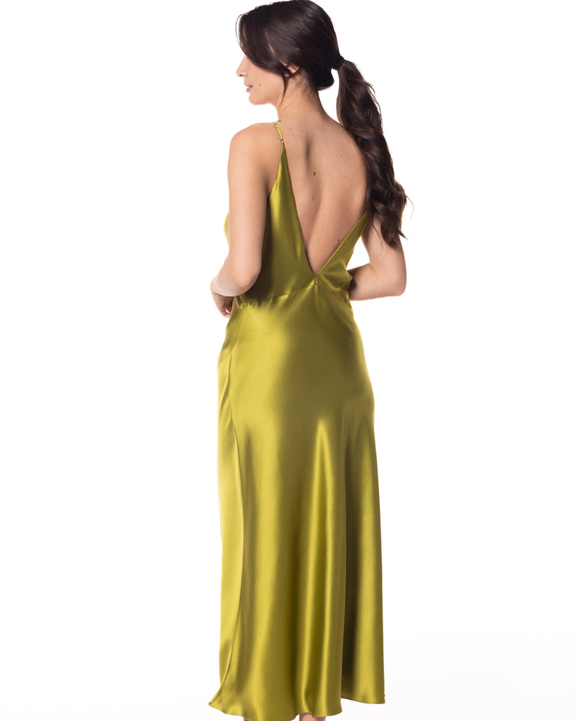 Christine's Faberge Moss silk gown has a vee neckline at the front and back with gently gathered cups, adjustable silk spaghetti straps