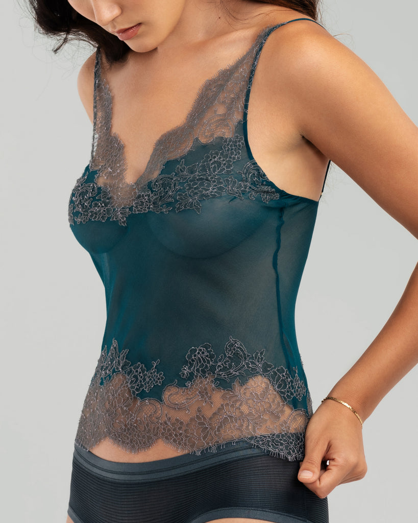 Satin Camisole Top with Lace - Dark blue - Ladies