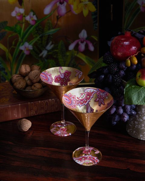 Scott Potter  Orange and Grey Paisley Gilded Martini Glass Set at Jane's  Vanity